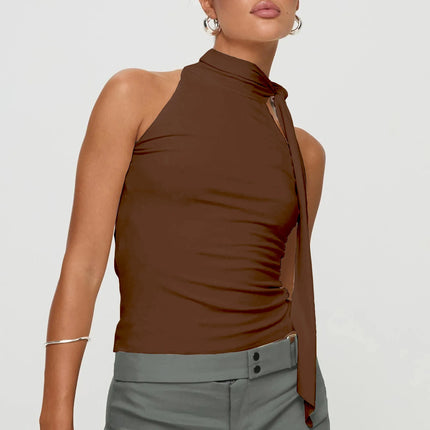 Women Sexy And Elegant Sleeveless High Neck Slim Fit Vest Nightclub Street Style New White Strap Casual Upper Outer Garment