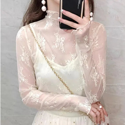 Sexy Black Hollow Out Mesh T-Shirt Transparent Mesh Female Tops Long Sleeve Basic Shirts SeeThrough Turtleneck Women Tshirts