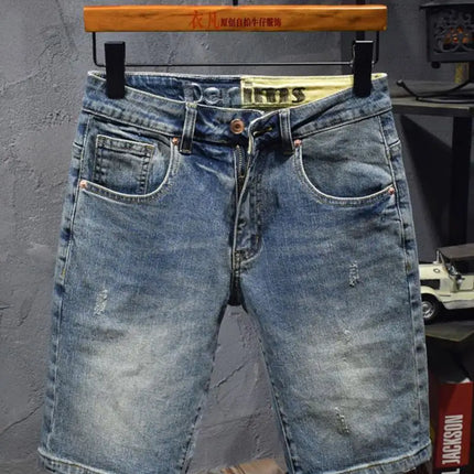 Blue Old Retro Summer Men's Denim Medium Pants Embroidered Scratches Washed Versatile Elastic Shorts Cargo Half Pants Jeans