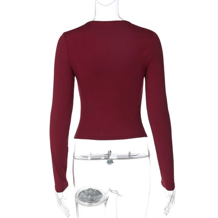 Hugcitar Elegant Long Sleeve Solid Patchwork Lace Bandage Sexy Crop T-Shirt Top Slim Fall Women Clothes Birthday Party Festival