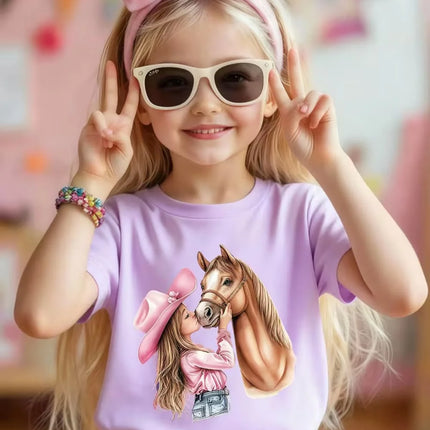 Girl Clothes Cow Girl Riding Horse 3D Print T-Shirt Western Festival Casual Top Summer Short Sleeve Outdoor Children's Clothing