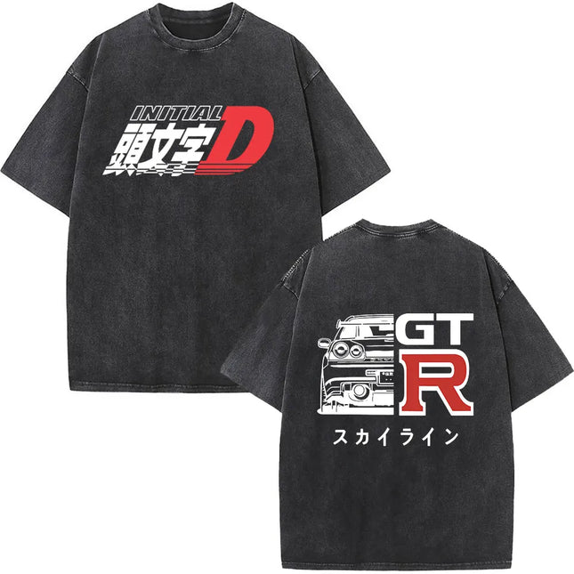 Anime Initial D Drift AE86 Washed Vintage Print T-shirt RX-7 R34 Skyline GTR JDM T-shirts Men's Harajuku Cozy Oversized T Shirts