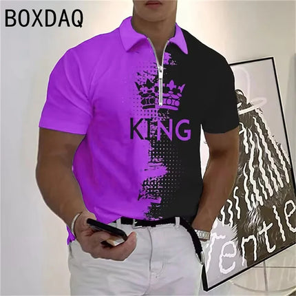 3D King Printed Polos Summer Short Sleeve Turndown Collar Casual Tops Fashion Oversized Men High Quality Zipper Pullover Polos