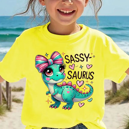 Girls' Kawaii Cartoon Dinosaur Graphic T-Shirt Cute Pink Bow Hearts Print T-Shirt Kids Short Sleeve Tee Y2k Children's Clothing