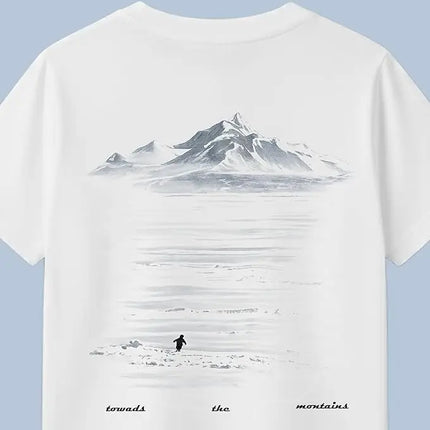 Y2K Harajuku Casual Minimalist Penguin Snow Mountain Reflection Print T-Shirt Men's and Women's White Trendy Loose Fitting T-Shirt