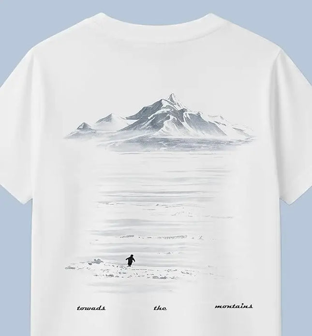 Y2K Harajuku Casual Minimalist Penguin Snow Mountain Reflection Print T-Shirt Men's and Women's White Trendy Loose Fitting T-Shirt