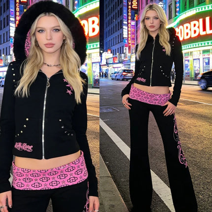 Y2K Sweet and Cool Black Pink Flared Pants Waist-Head Printed Decorated Slim-Fitting Trousers Side Cursive Print Casual Pants