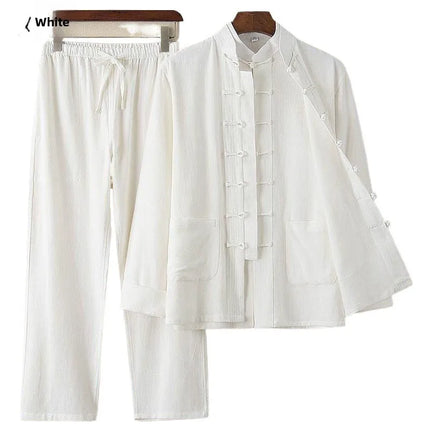 Men's Spring Summer Chinese Style Cotton Linen Long Sleeve Two-Piece Set Traditional Clothing Loose Fit Square Collar Shirt
