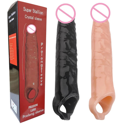 Man Nuo 28CM Huge Penis Enlargemen Extender Condoms Realistic Penis Extension Sleeve Reusable Condom Cock Ring Sex Toys For Men