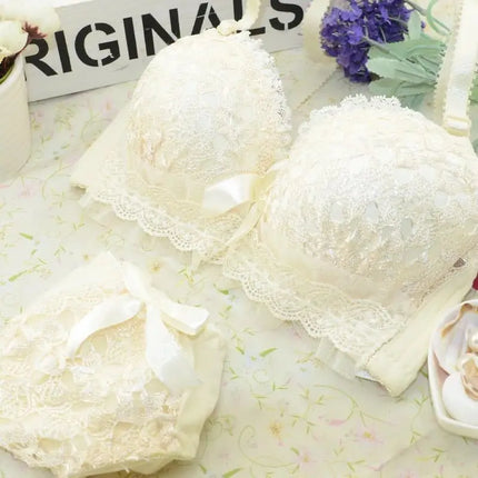 Sexy French Korean Bra Set New Lace Gather Underwear Thin 3/4 Cup Adjustable Push Up Big Size 70-85 AB White Girls Lingerie Sets