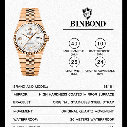 BINBOND Brand Stainless Steel Quartz Watch For Men Luxury Date Display Waterproof Luminous Fashion Men Watch relogios masculino