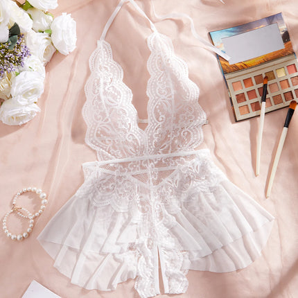 Lace Up Halter Deep V Babydoll Dress Backless Hollow Out Women Date Night Outfit