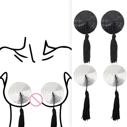 1 Pair Tassel Sequins Round Nipple Stickers Women Sexy Bra Nipple Cover Self Adhesive Reusable Wear Bra Pasties Chest Stickers