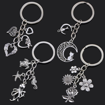 Fashion Animal Women Keychain Car Moon Cat Dog Love Heart Key Chain Friends Gift Jewelry Bag Pendant Wing Evil Eye Angel Turtles