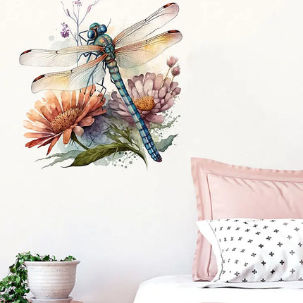 M739 Beautiful flowers and Dragonfly Insect Wall Sticker Kids Room Bedroom Home Decoration Wallpaper Self Adhesive Decals