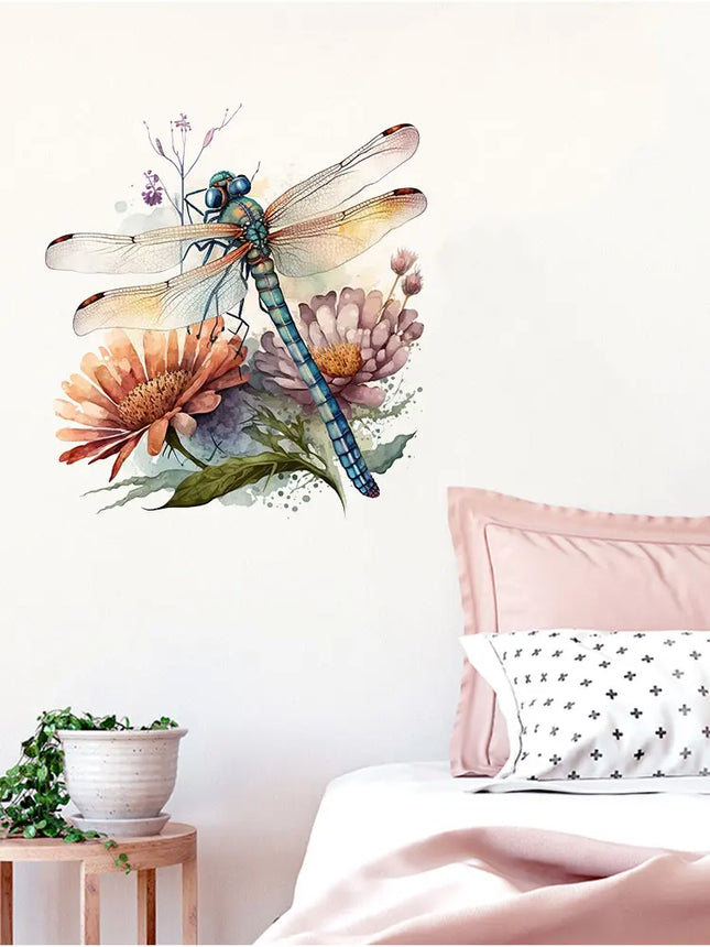 M739 Beautiful flowers and Dragonfly Insect Wall Sticker Kids Room Bedroom Home Decoration Wallpaper Self Adhesive Decals