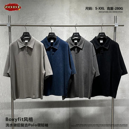 ZODF Retro Summer Boxyfit Man Washed Polo T Shirts Unisex 280gsm Distressed Loose Turn Down Collar Cotton T-Shirt HY1231