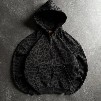 2026 New Arrival Women Y2K Dark Leopard Print Zip Up Hoodie Oversized Vintage High Street Hooded Sweatshirt