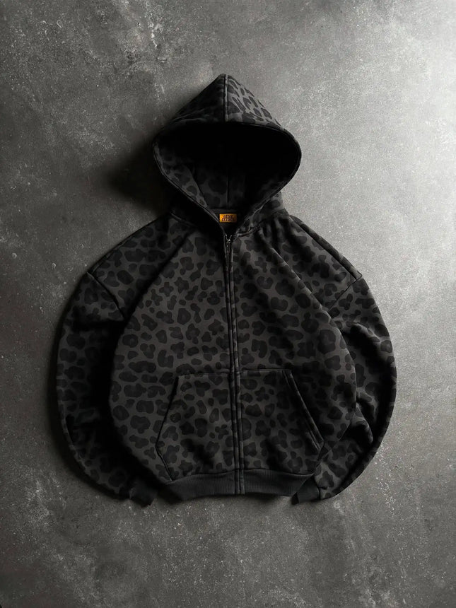 2026 New Arrival Women Y2K Dark Leopard Print Zip Up Hoodie Oversized Vintage High Street Hooded Sweatshirt