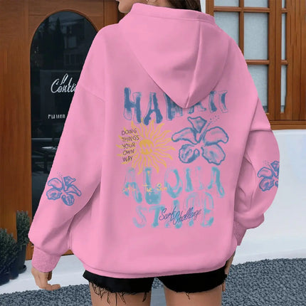 Fashion Ocean Beach Series Women's Hoodies Y2K Floral Letter Starfish Hooded Long Sleeve Loose Sweatshirts With Kangaroo Pocket