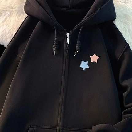 Cute Star Print Zipper Hooded Jacket Spring And Autumn Thin Collection Fashion Trends Versatile Casual Lazy Wind Sweatshirt Girl