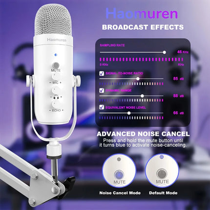 Haomuren Professional USB Streaming Podcast PC Microphone Studio Cardioid Condenser Mic Kit with Boom Arm For Recording YouTube