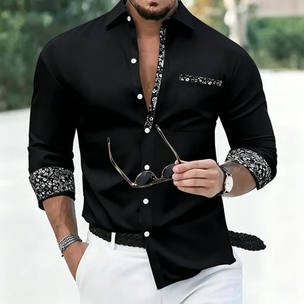 New Men's Casual Contrast Print Dress Shirt, Long Sleeve Turn-down Collar Tops with Floral Trim