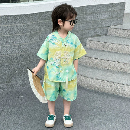 Summer Short Sleeve Two-piece Set Kids Clothes Casual Boy Outfit Baby Tang Style Fashion Children's Sets Hanfu Suit Boys Costume