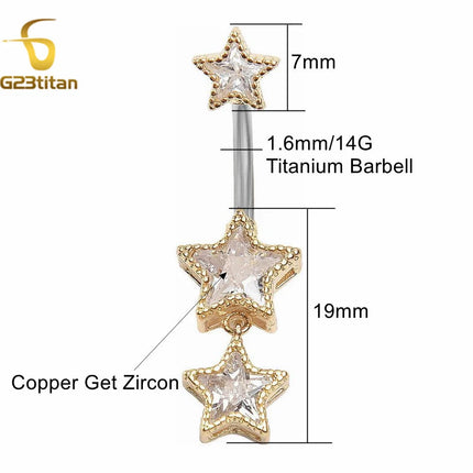 G23titan Zircon Stars Dangle Belly Button Ring 14G 8-16mm Titanium Bar Hypoallergenic Navel Piercings Women Sexy Jewelry Ombligo