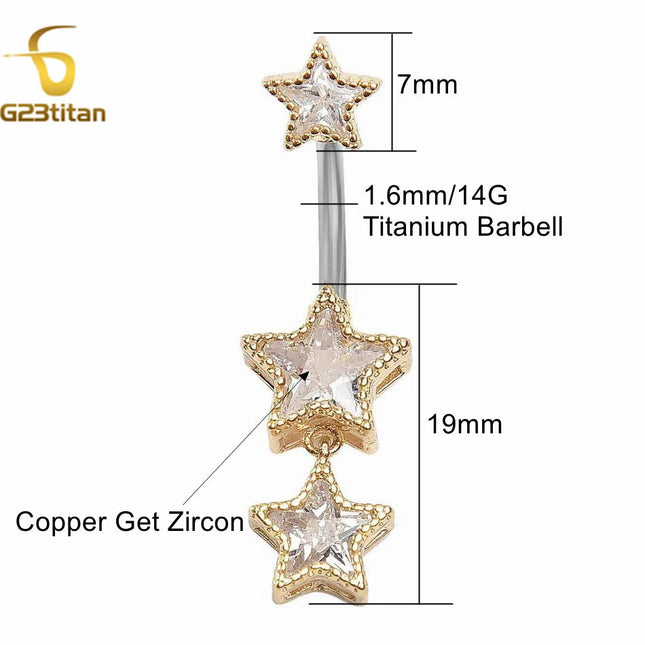 G23titan Zircon Stars Dangle Belly Button Ring 14G 8-16mm Titanium Bar Hypoallergenic Navel Piercings Women Sexy Jewelry Ombligo