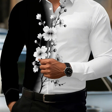 2026 Men's Fashion Red Rose Print Long-Sleeve Shirt, Stylish Casual Design, Spring/Autumn Casual Shirt, Sizes XS-6XL