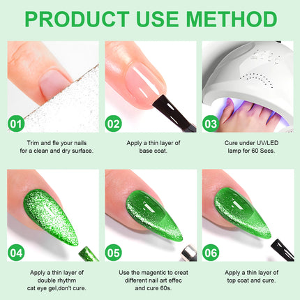 Green Cat Eye Gel Polish – Glossy Magnetic Gel Nail Polish with Holographic 9D Cat Eye Effect, Long-Lasting Soak Off UV LED Gel