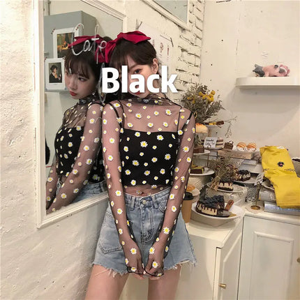 2023 Autumn Hollow Out Mesh T-Shirt Daisy Flower Pattern Crop Top Sexy Transparent Long Sleeves Basic Tops For Women Lace Tops