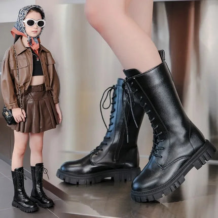 Girls' Boots Autumn Winter British Style Lace Up Long Boots Solid Color Princess Leather Boots Plus Velvet Kids Knight Boot