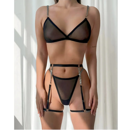 New Sexy Ultra-thin Mesh Bralette And Thongs See-through Metal Chain Decoration 4 Pcs Sexy Lingerie Set Female Underwear