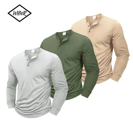 Henley Neck T-Shirt Men Basic Breathable Men's Long Sleeve Tops Tee Shirts Spring Autumn Casual Solid Color Button T Shirts