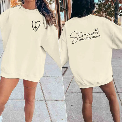 Inspirational Gift Sweatshirt "Stronger Than The Storm" Graphic Perfect for Friends & Faith-Based Gift Heart & Cross Casual Wear