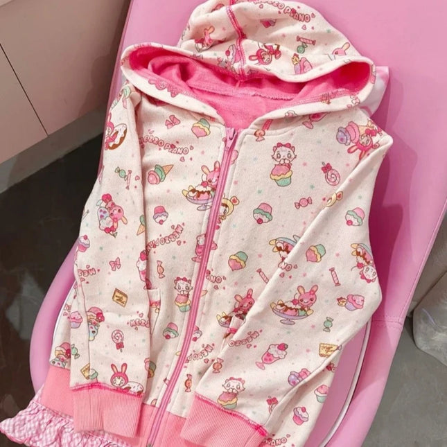 Japanese Kawaii Cute Cartoon Print Hoodies Women Casual Grunge Lolita Sweatshirts Autumn Causal Preppy Patchwork Hoody Jacket