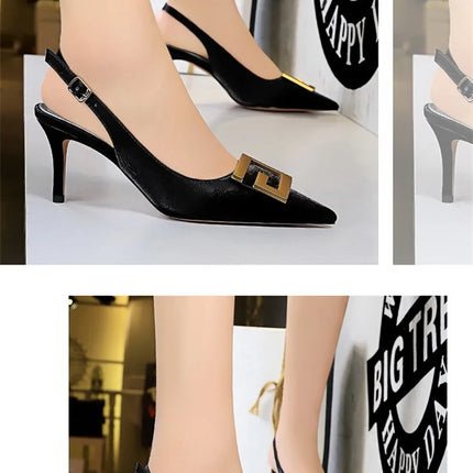 2024 Autumn Women Soft Leather Slingback Shoes Thin High Heels Office Dress Fashion Hollow Pointy Toe Gentle Sandals 8999-5