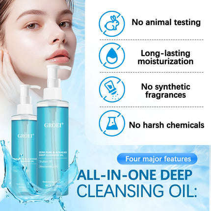 GROEI Cleansing Oil, Gentle Deep Cleansing, 3-in-1 for Eyes/Lips/Face, Skin-Nourishing Non-Comedogenic