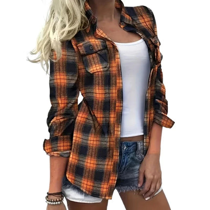 Plus Size 1XL-5XL Women Soft Polyester Fabric Plaid Shirt Casual Fall/Winter Style Machine Washable Button-Up Design Shirt