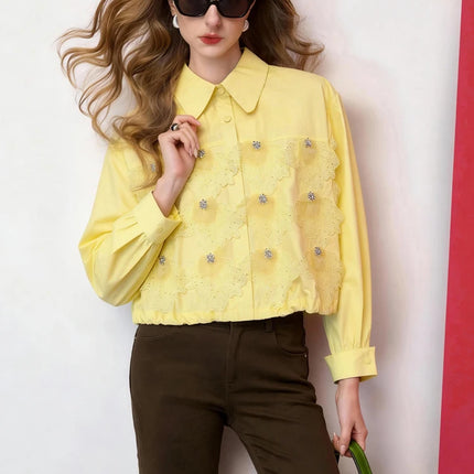 Women Cropped Lace Blouse Beaded Embellished Shirt Loose Fit Long Sleeve Fashion Shirt Top