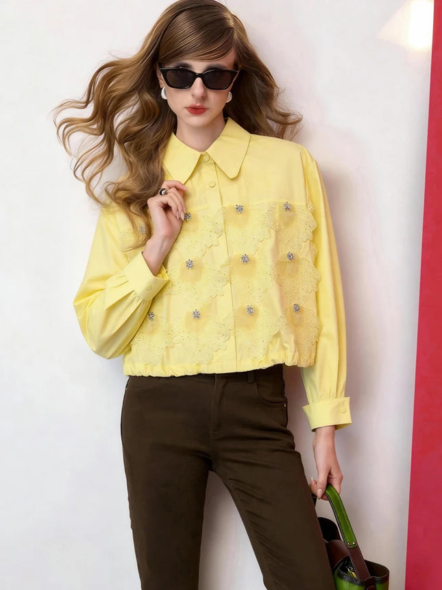 Women Cropped Lace Blouse Beaded Embellished Shirt Loose Fit Long Sleeve Fashion Shirt Top