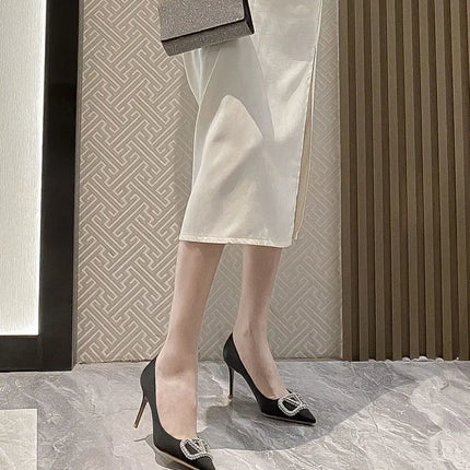 2025 New Women's Slim High-Heeled Pointed Toe Pumps with Rhinestone Buckle - Sexy Shallow-Cut Single Shoes