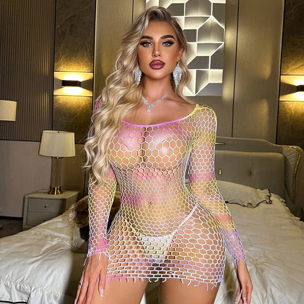 Hot Sexy Colorful Fishnet Dress Sexy Mesh Hollow Out See Through Bodycon Dress Erotic Transparent Tights Lingerie Costumes