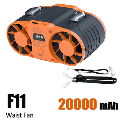 30000mAh Portable Waist Fan Strong Daul Airflow 7Speeds 11000RPM Rechargeable Clip on Fan for Outdoor Camping Fishing Max 32H