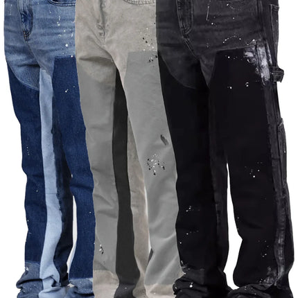 2025 Men's Fashion Jeans Work Pants, European and American Fashion Workwear Elastic Patchwork Denim Layered Flared Pants S-XXL