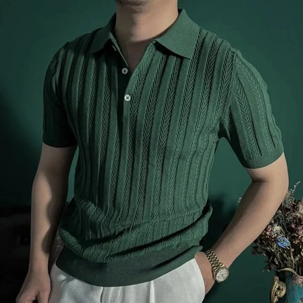 Business Casual Summer New Style Short Sleeve Polo Shirt Men's Knitted Slim Fit Collared Top Trendy Ins Style AE Stock