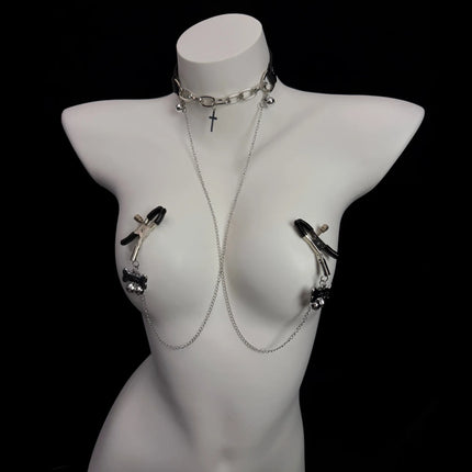 Women's Erotic Collar with Chain and Nipple Clamps Unisex Metal Bell Clamp BDSM Training Toy Body Jewelry Adult Sex Toy 18+
