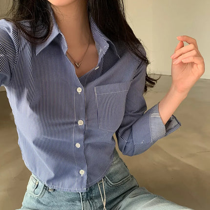 Spring High Waist Slim Fit Striped Shirt Women's Button up Polo Collar Cotton Polyester Blend Fashionable Korean Style